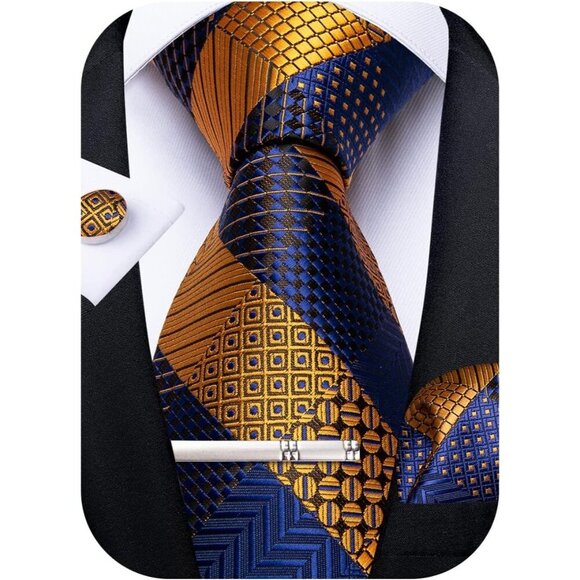 🆕Men Blue Plaid Silk Checkered Necktie Pocket Square Cufflinks Tie Clip Set - Picture 1 of 6